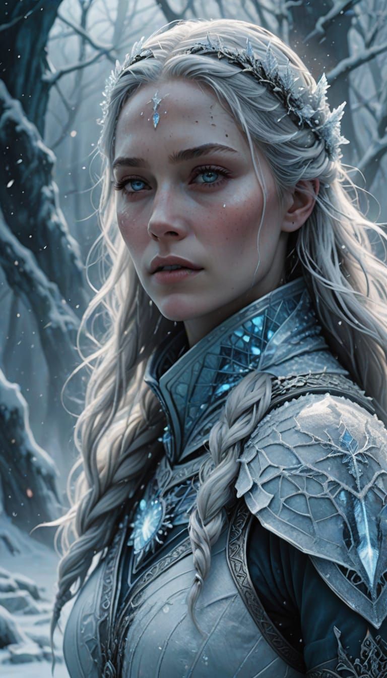 Ethereal Icebound Warrior in Hyper-Realistic Fantasy Landsca...