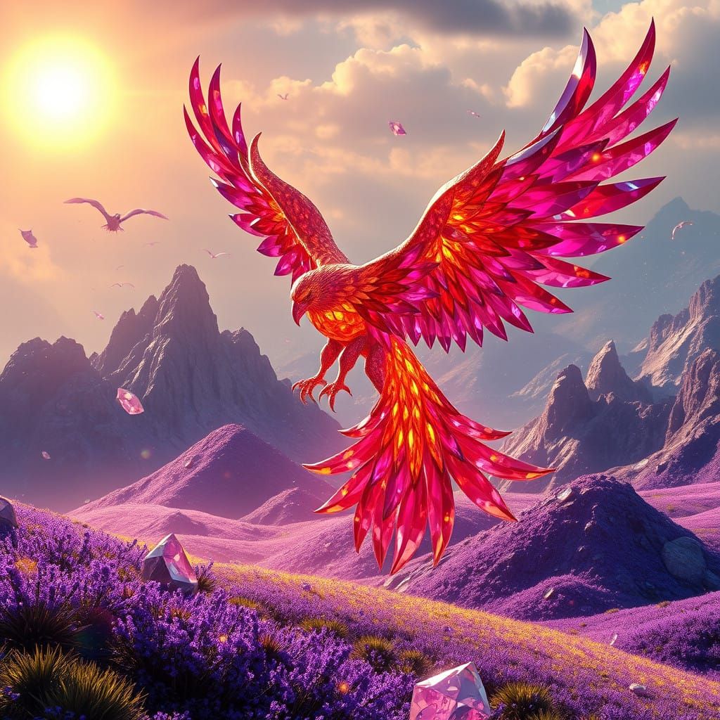 Majestic Phoenix Soars Over Glittering Gemstone Landscape