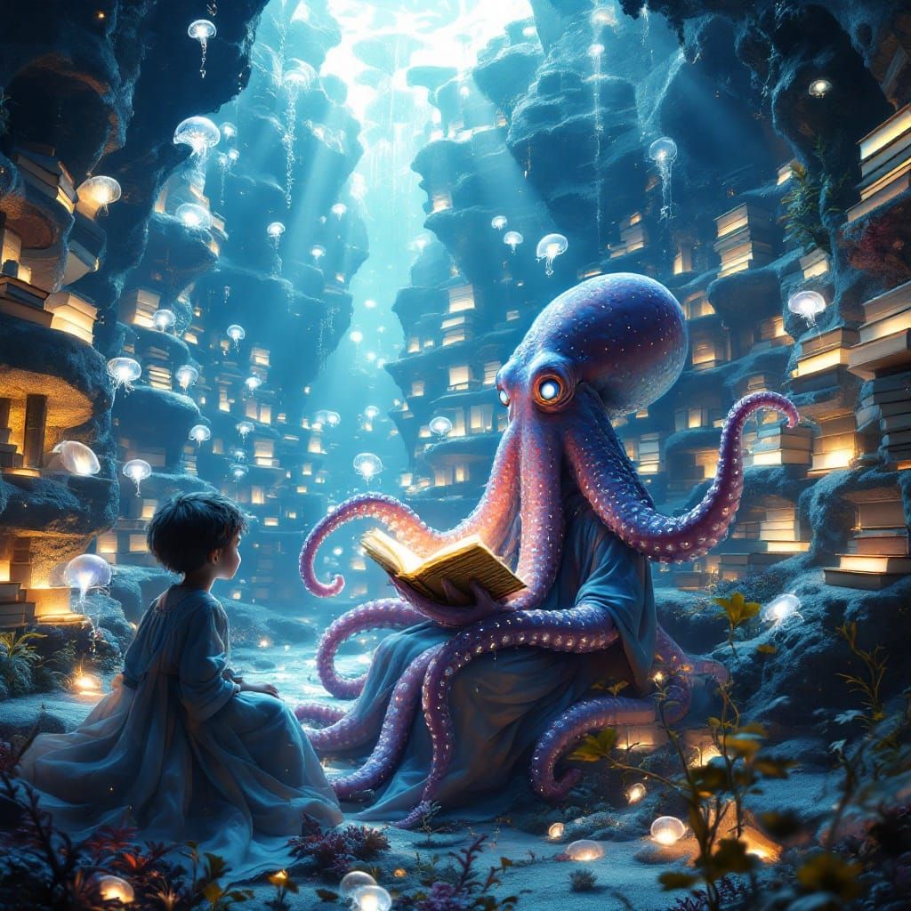 Glowing Books in an Underwater Library of Dreams