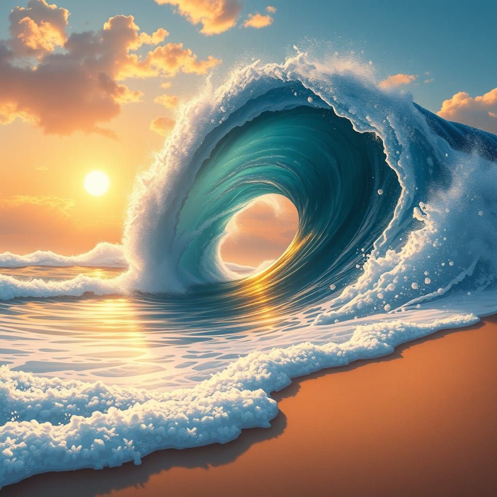 Surreal Sunset Wave Collides with Tranquil Beach