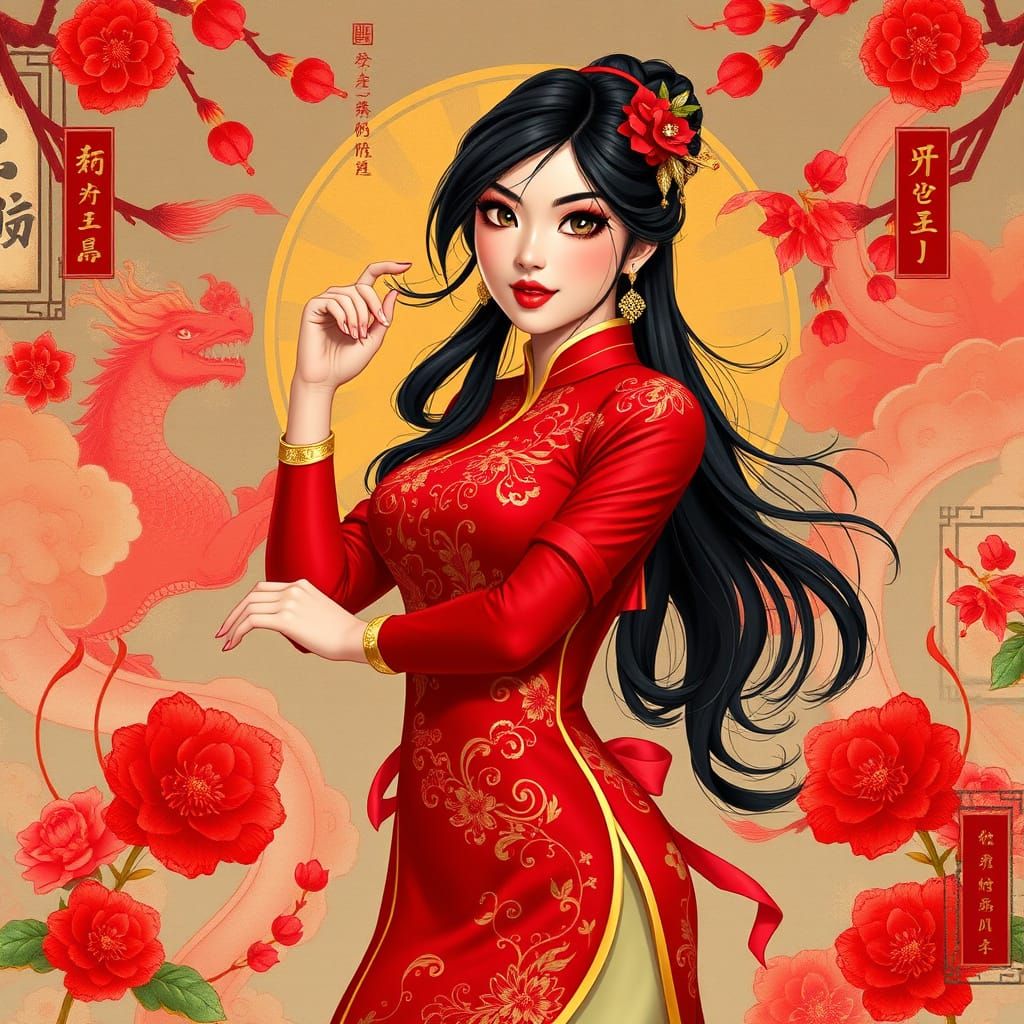 Mulan Pin Up Art in Art Nouveau Style