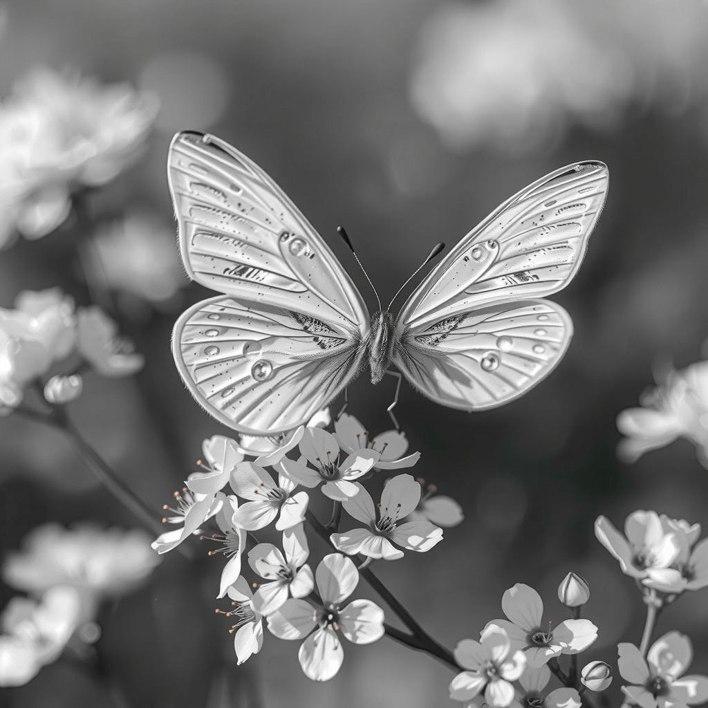 Hyperrealistic Black and White Butterfly in Whimsical Floral...