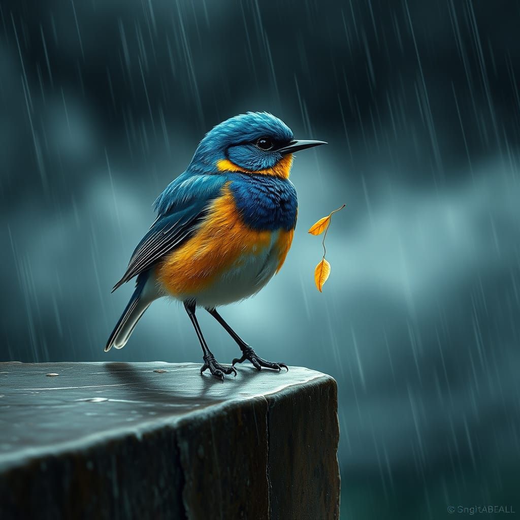 Blue and Gold Songbird on Ledge in Downpour