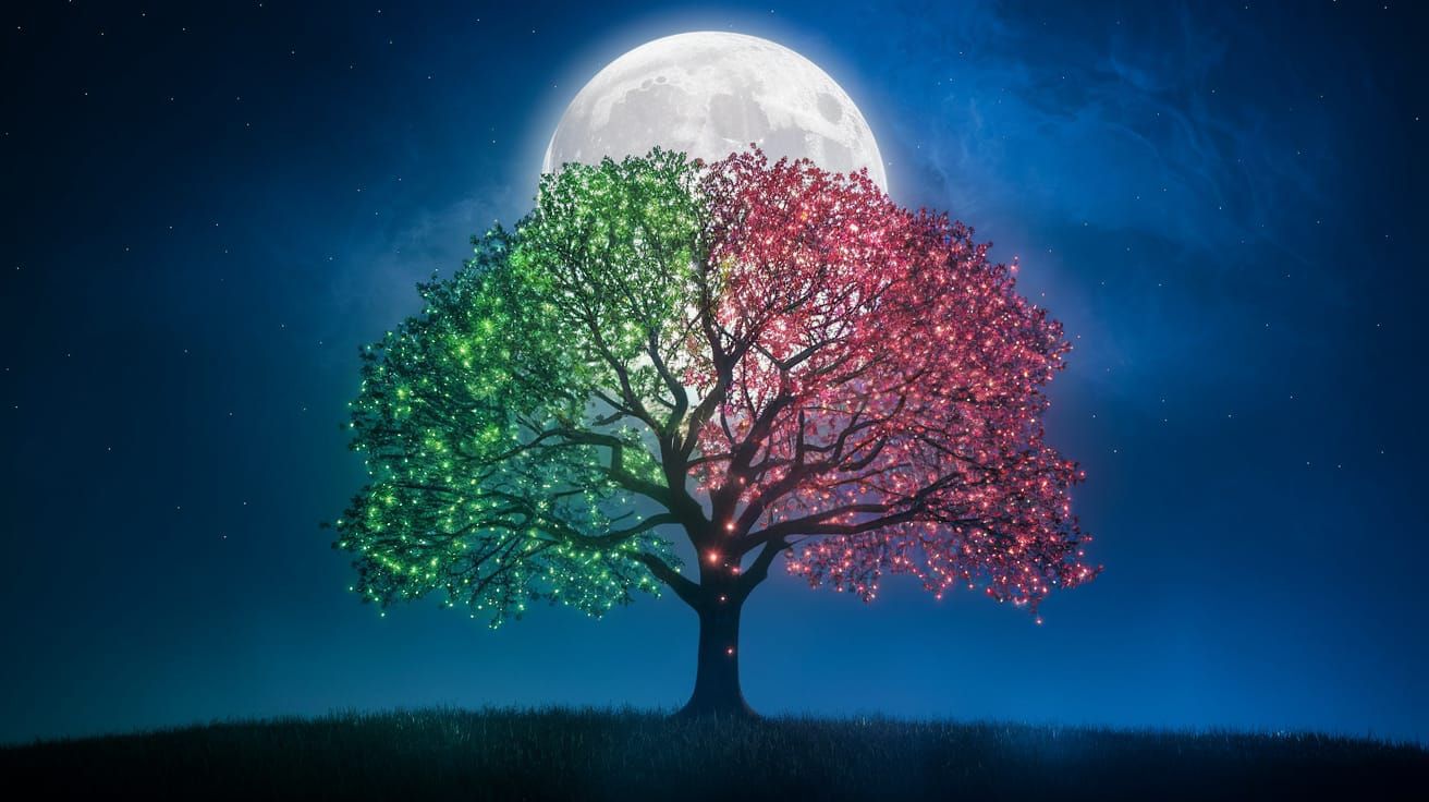 Tree Radiates Diamond Leaves Under Blue Misty Full Moon