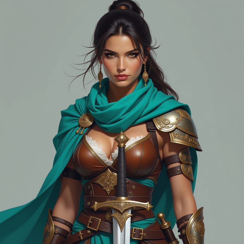 Warrior Poised in Elegant Combat Attire with Turquoise Scarf