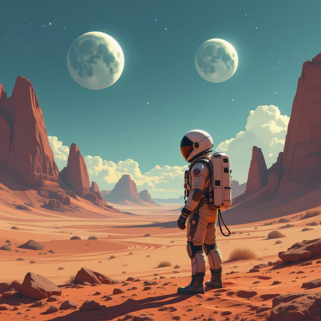 Astronaut on Alien Desert with Twin Moons