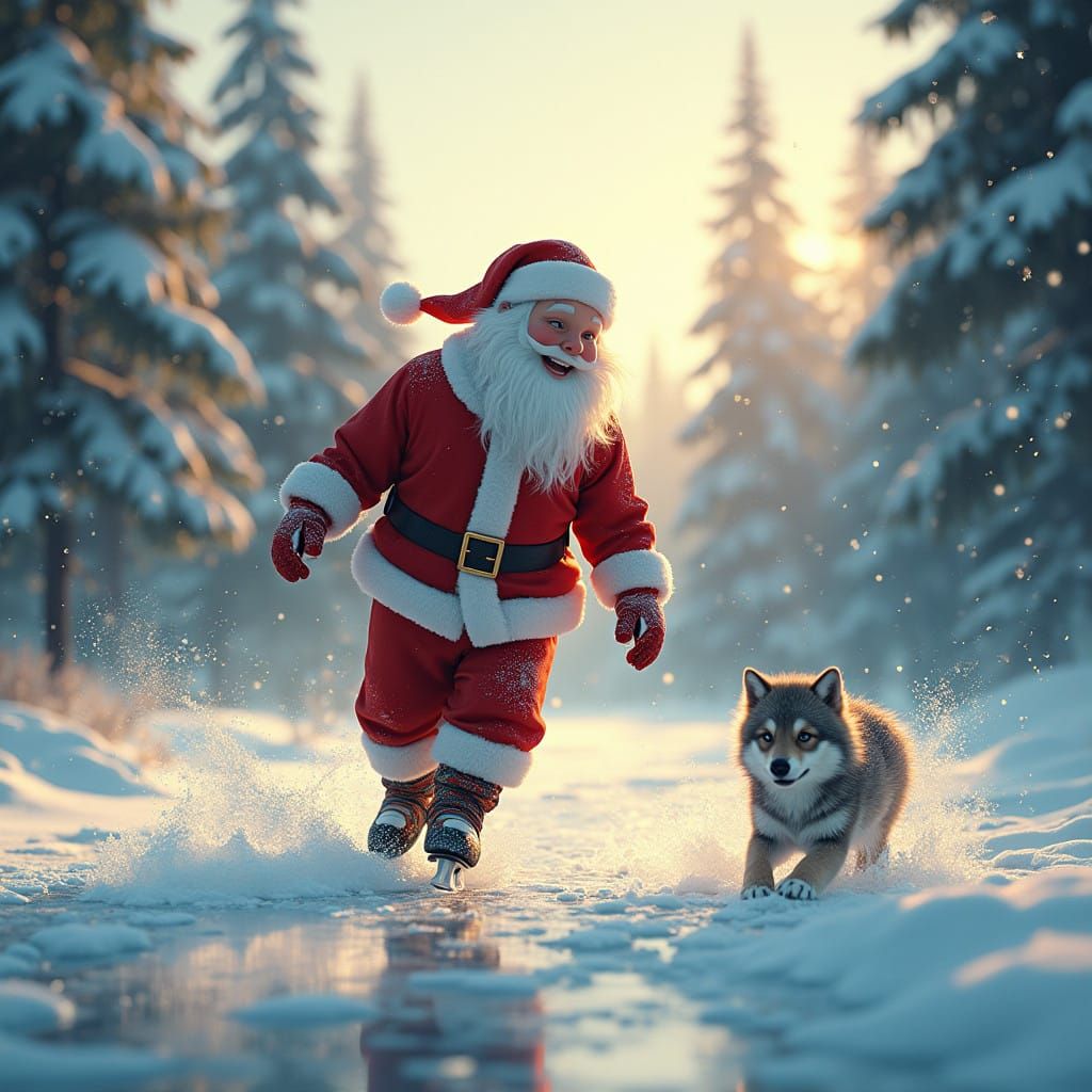bebê vestido de papai noel patinando na neve com um lobo filhote brincando