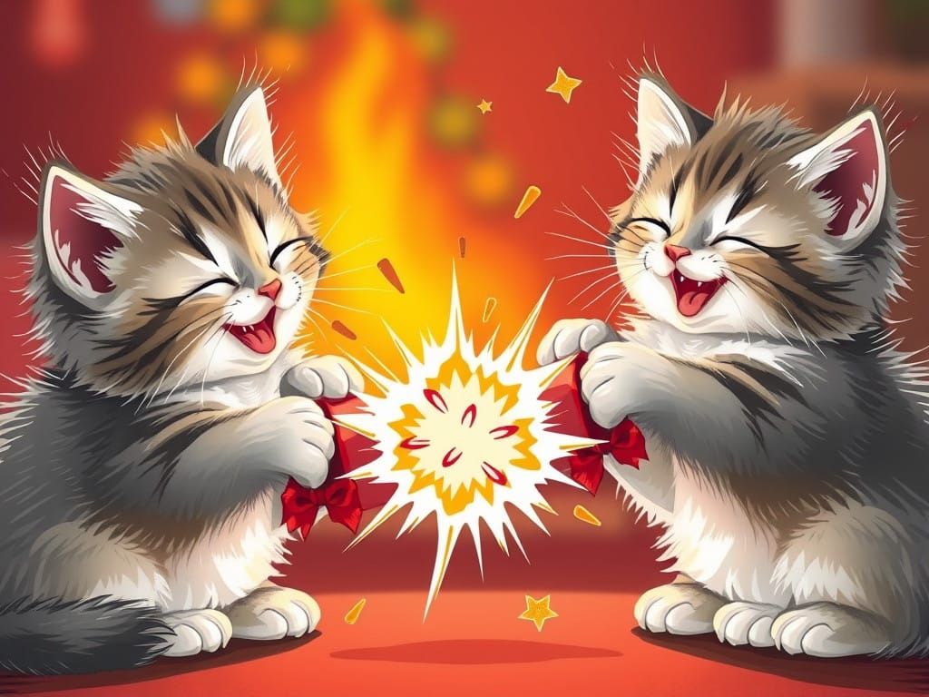 Grey and White Kittens Laughing as Christmas Cracker Explode...