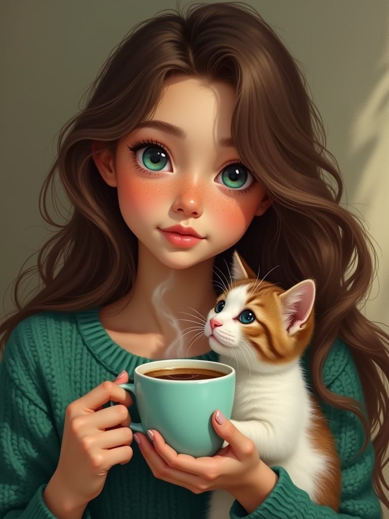Cozy Coffee Moment: Woman with Cat in Warm Painterly Style