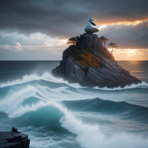 Donald Duck Standing on Rocky Cliffside in Stormy Sea