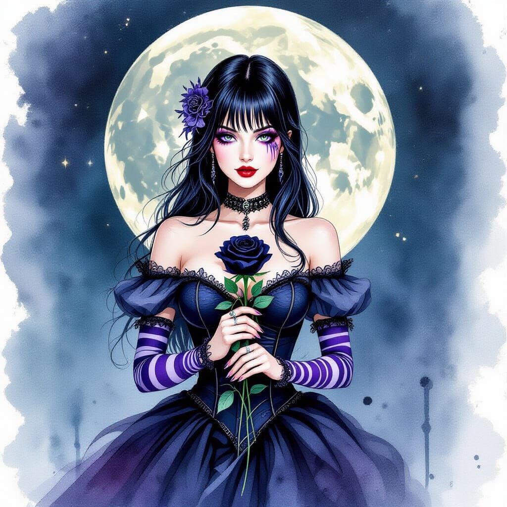 Gothic Woman with Rose in Watercolor Style