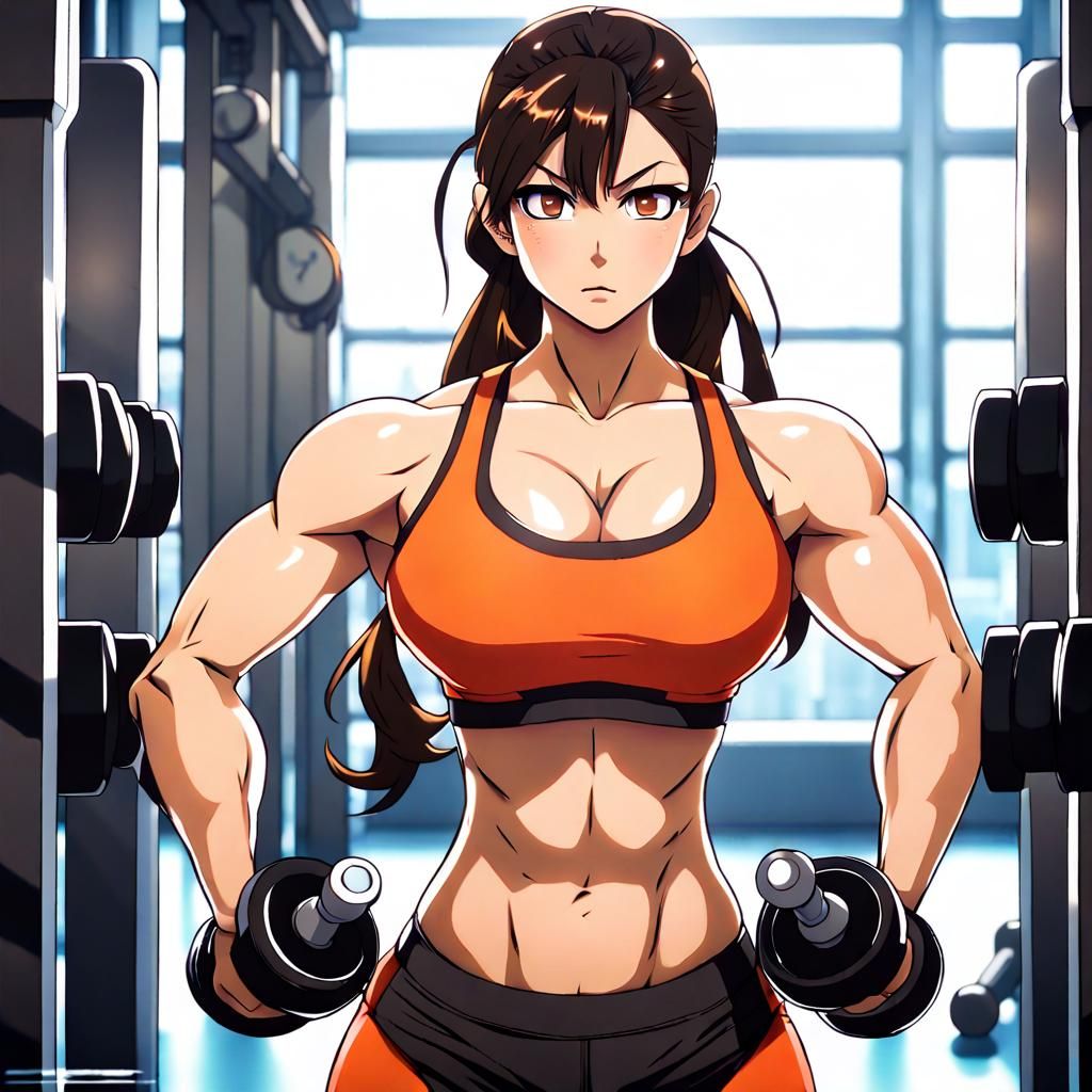 Anime Bodybuilder in Gym Performing Dumbbell Curls