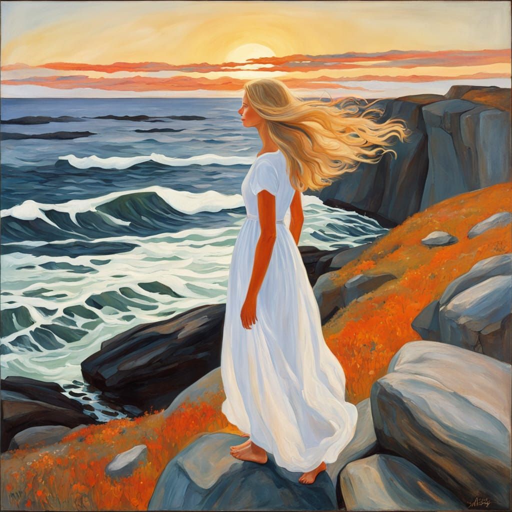 Serene Woman Admires Sunset on Rocky Coastline