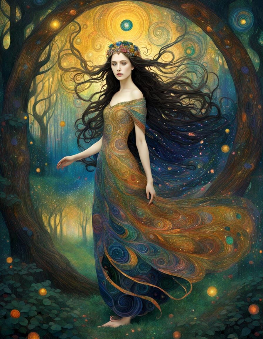 Mythological Goddess in Forest Portal, Klimt Style