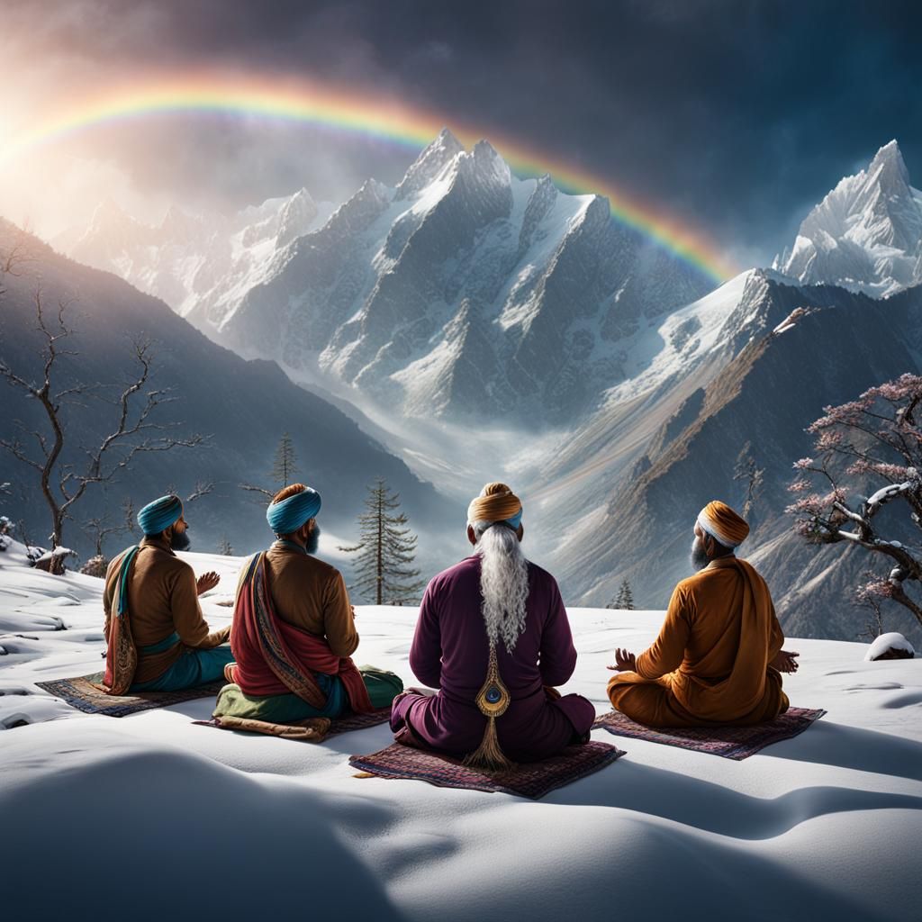 Meditating Indian Men in Himalayas: Detailed Matte Painting