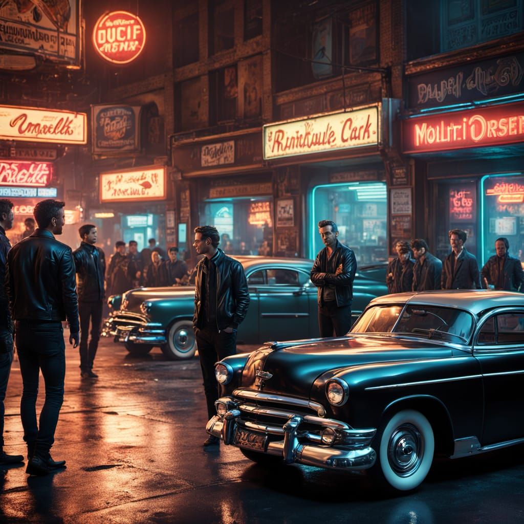 1950s Diner Scene with Leather Jackets in Golden Hour