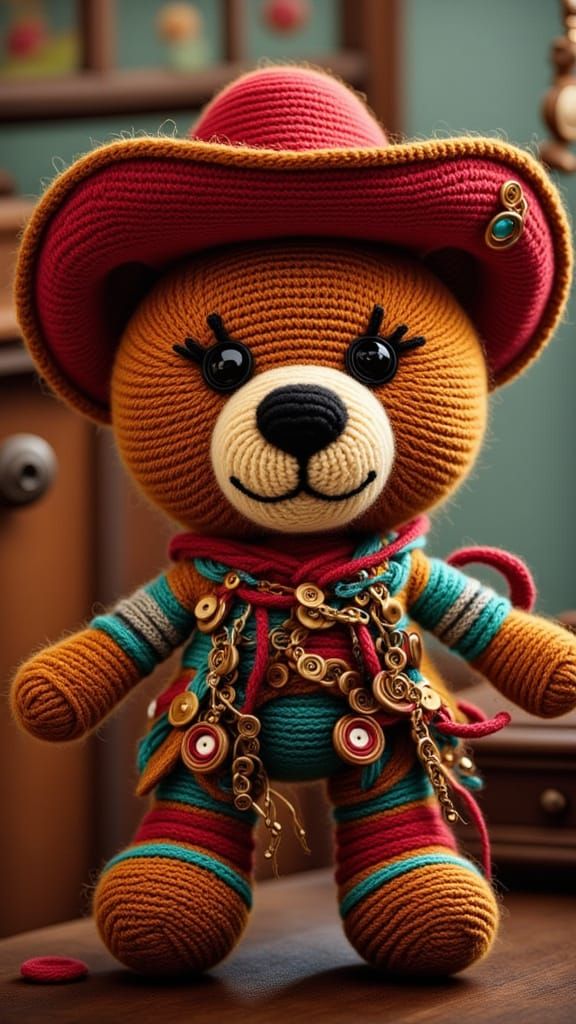 Western Teddy Bear in Intricate Bead Art Style