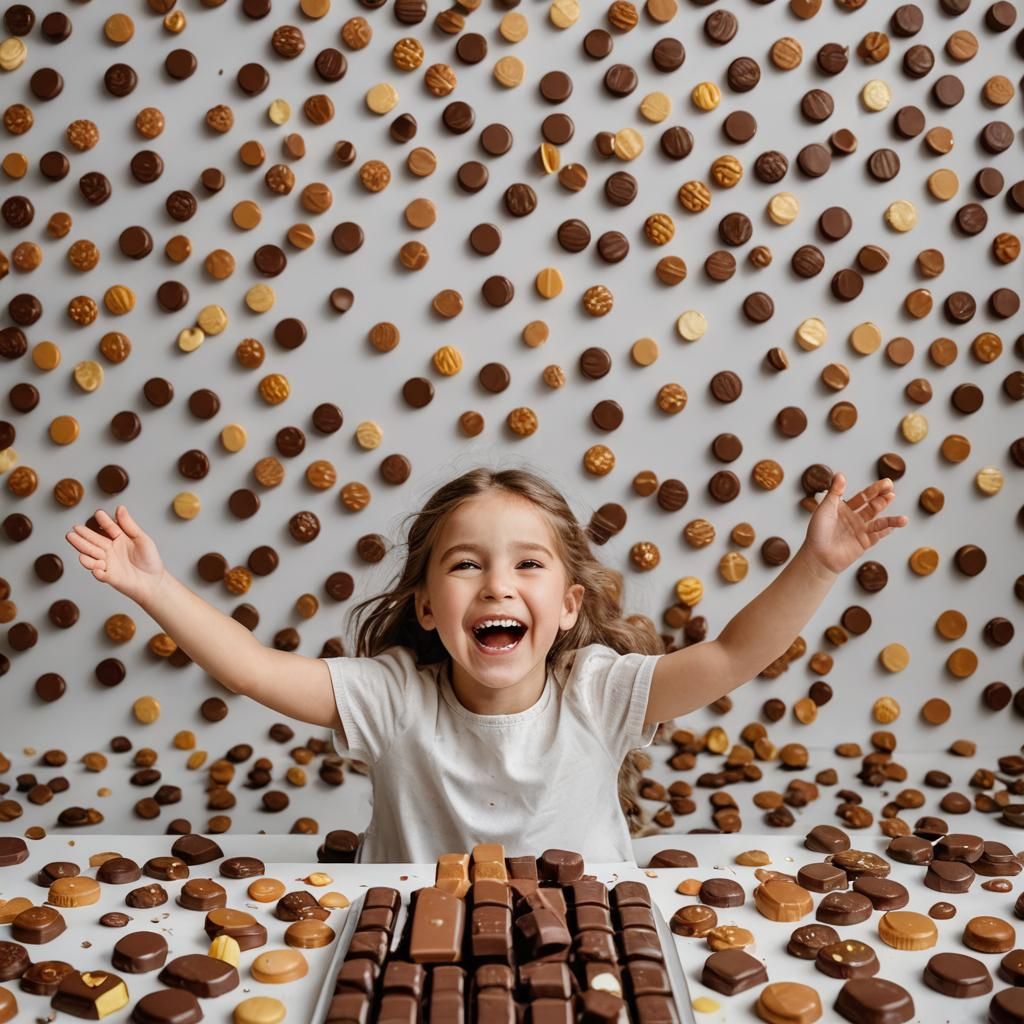Girl Surrounded by Chocolates, Hands Raised in Delight