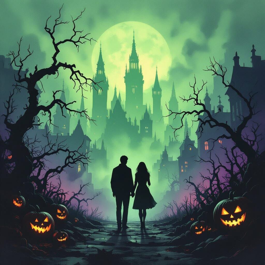 Haunted Cityscape at Midnight with Couple Facing Danger