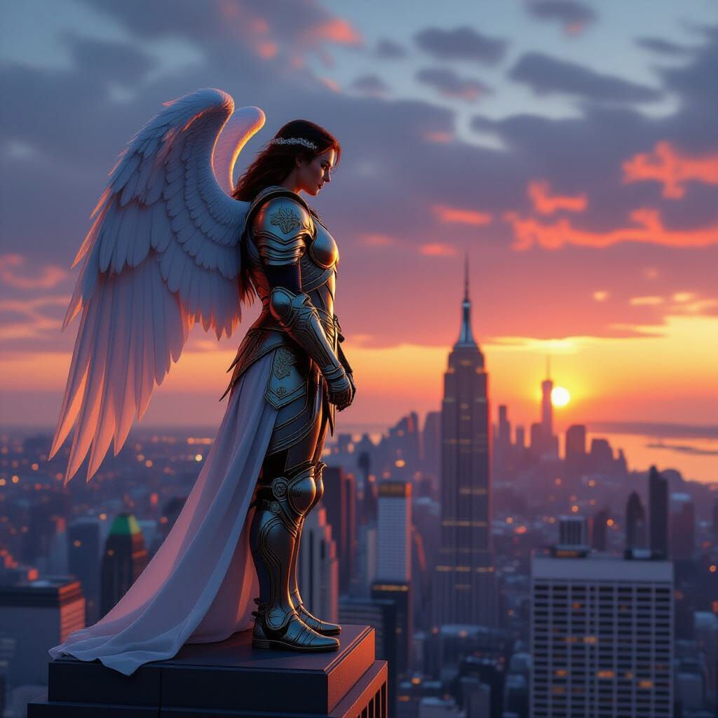 Michael the Archangel Overlooks New York Sunset
