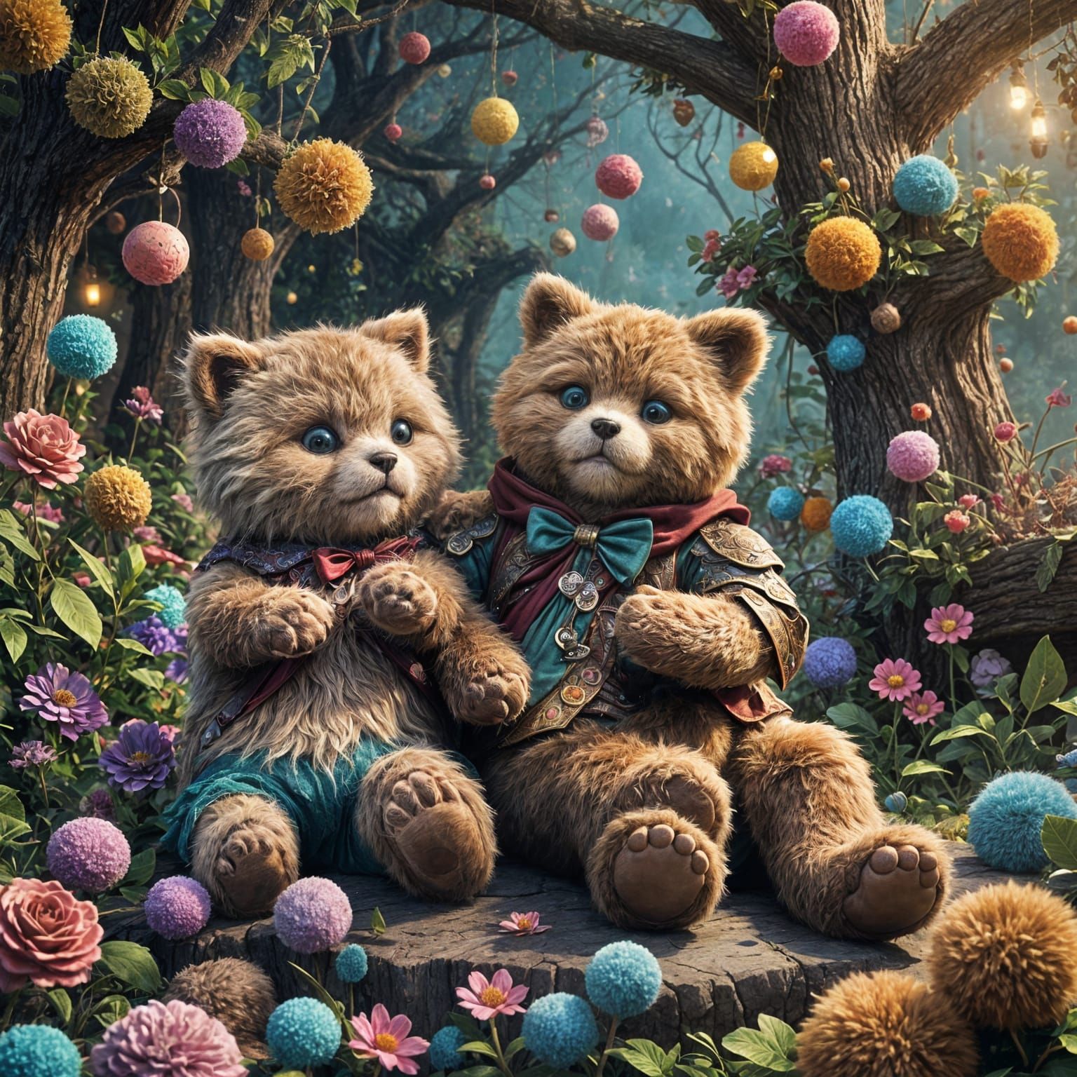 Teddy Bear and Cat Hug in Surreal Scene