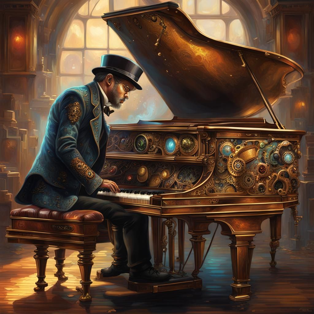 Hyperrealistic Steampunk Pianist in Splash Art Style