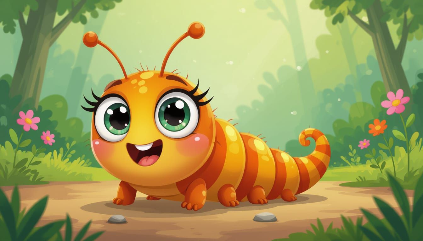 Excited Cartoon Caterpillar with Soulful Eyes