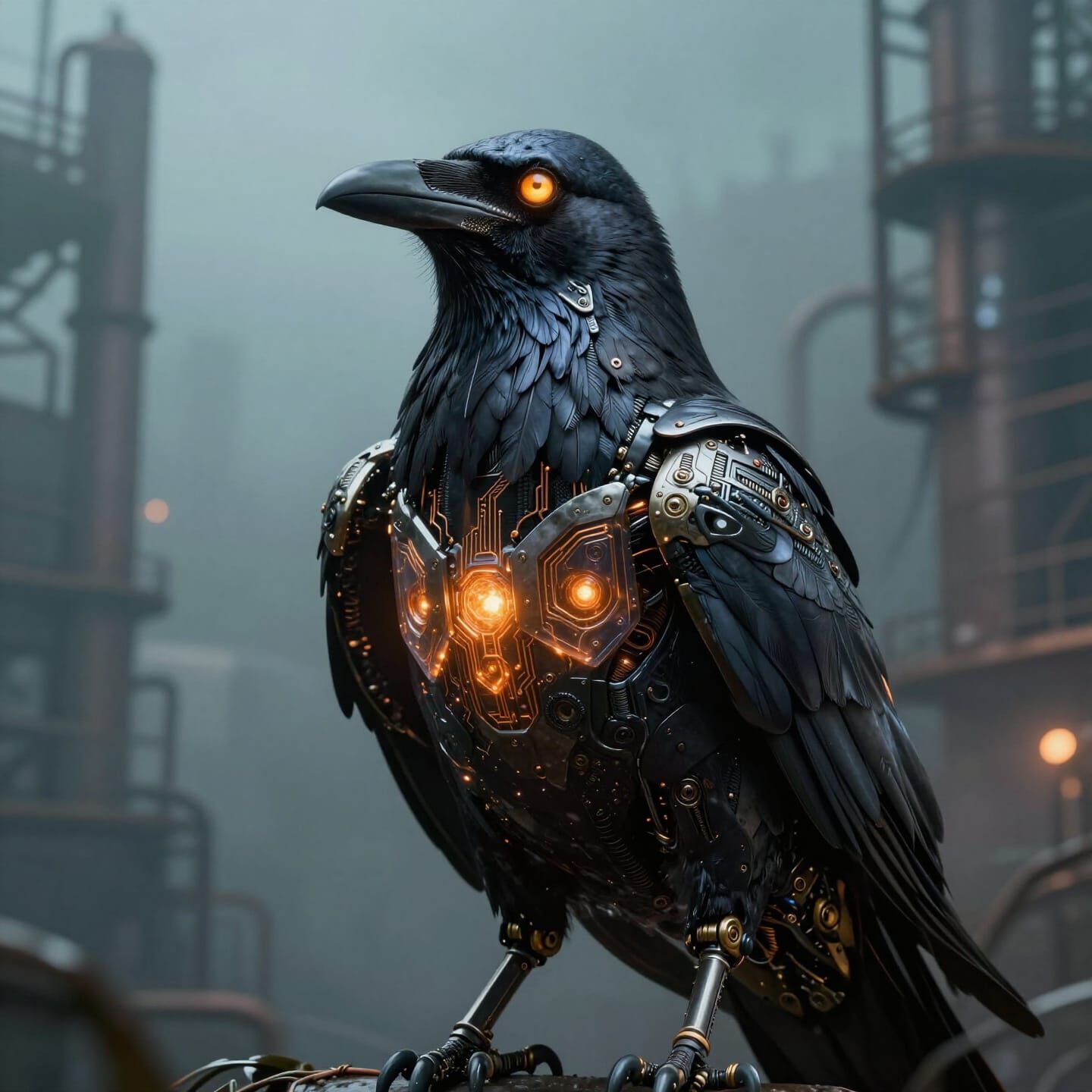 Biomechanical Raven in Misty Industrial Setting