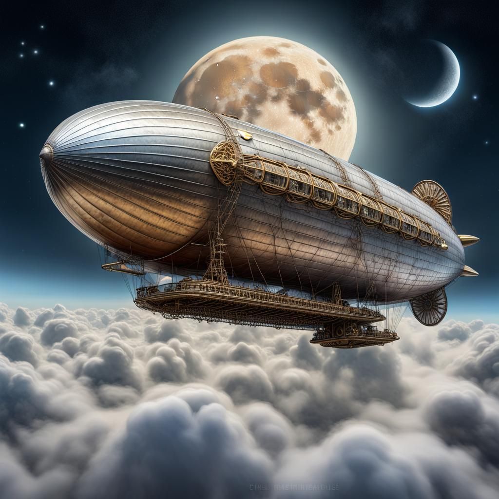 Hyperrealistic Zeppelin Airship Above Clouds at Night