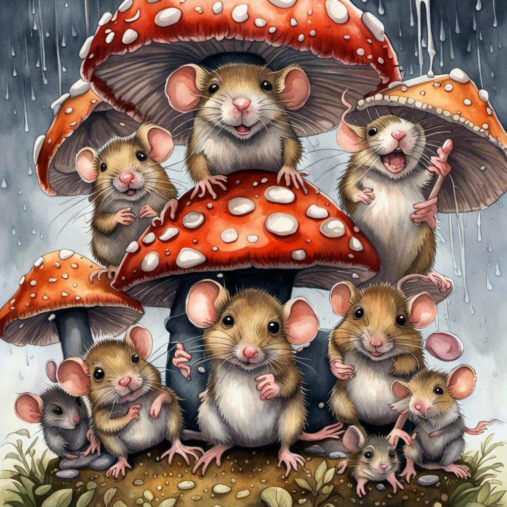Humorous Watercolor Mice Family Sheltering From Rain