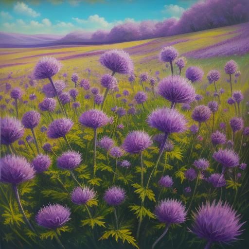Vibrant Surreal Thistle Field in Oil Painting