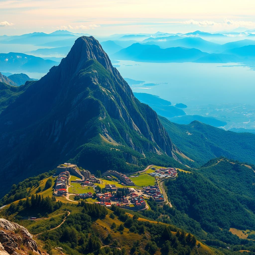 Majestic Mountain Vista Over Village in Vibrant Light