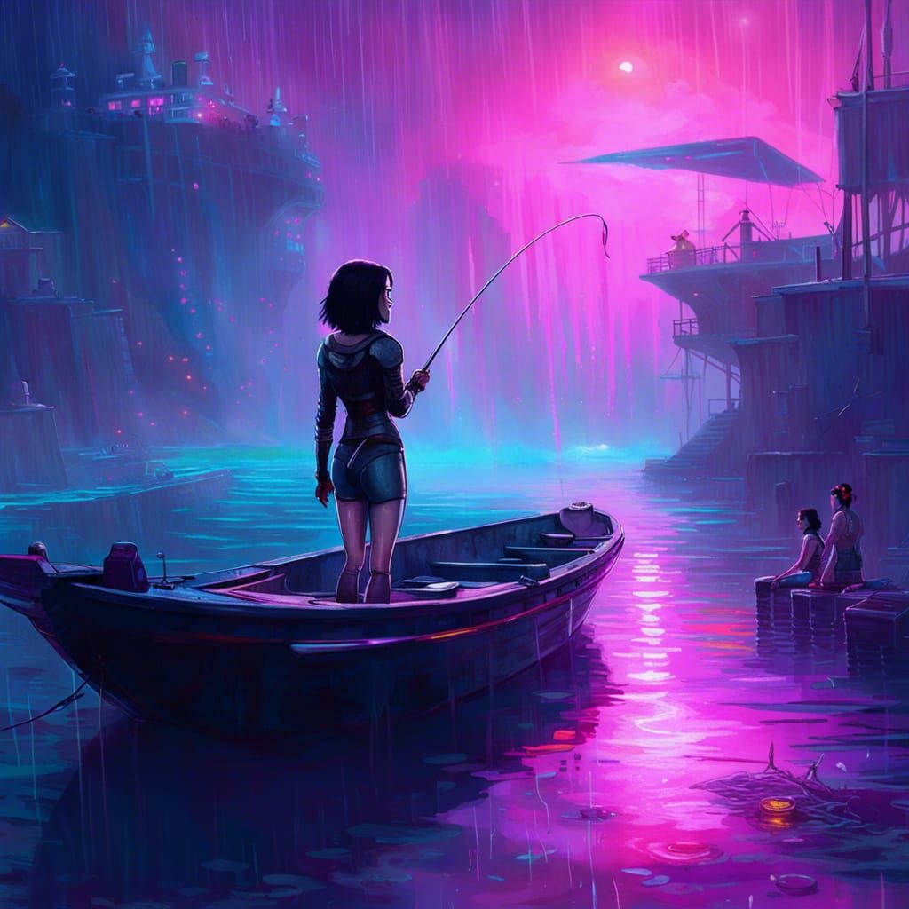 Alita Fishing: Ethereal Cyberpunk Fantasy