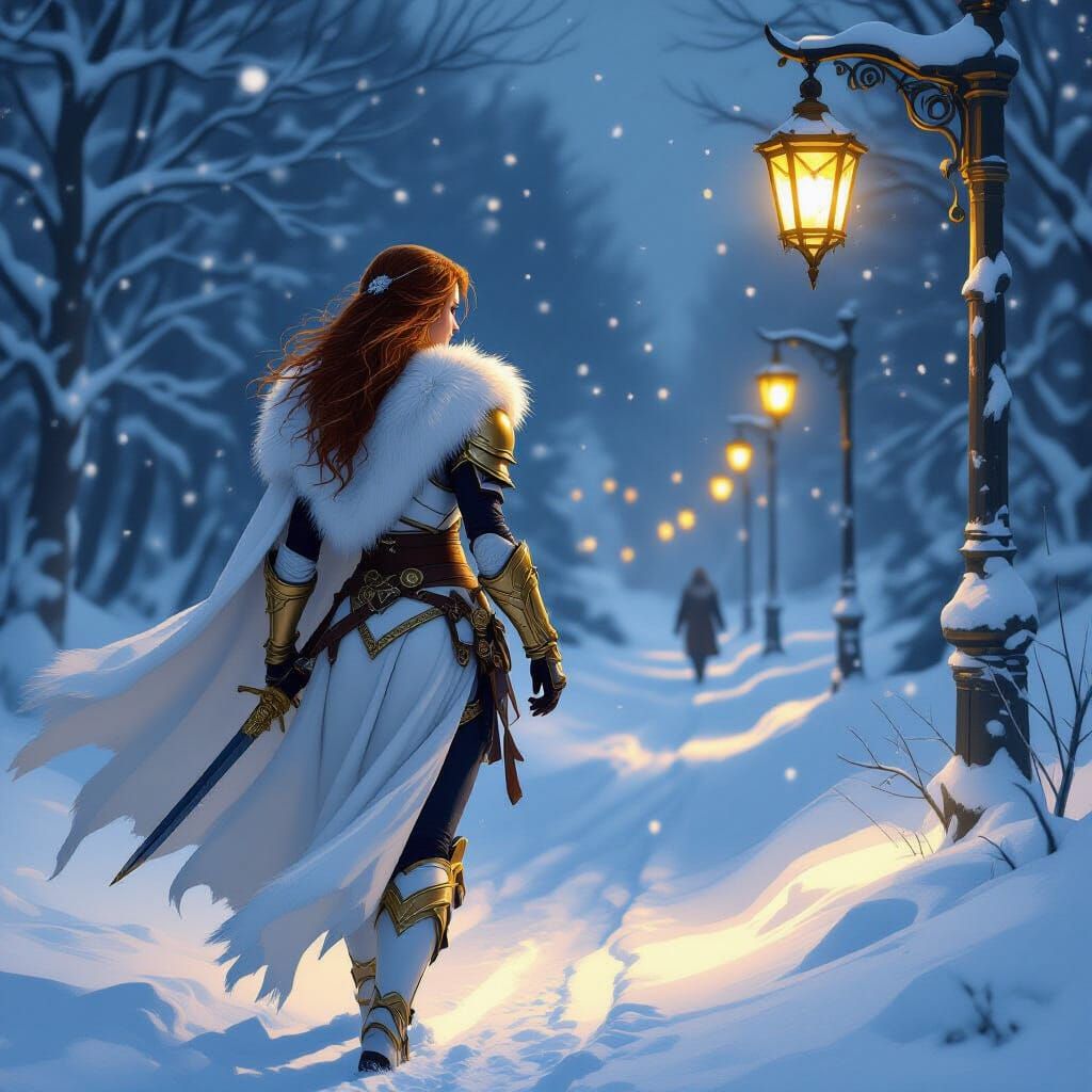 Auburn Warrior's Snowy Night Walk in Fantasy Style