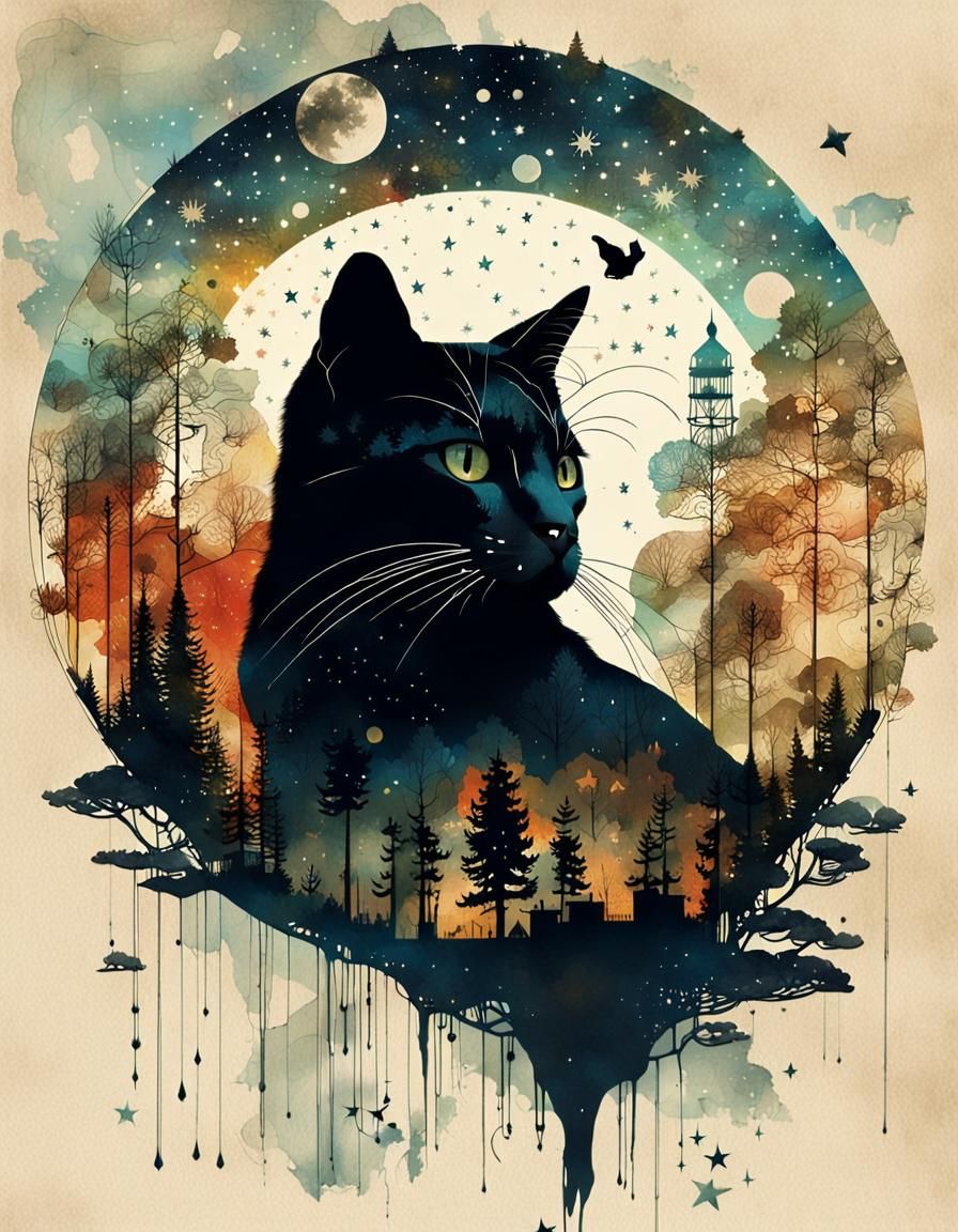 Surreal Galaxy Cat Silhouette, Double Exposure Art