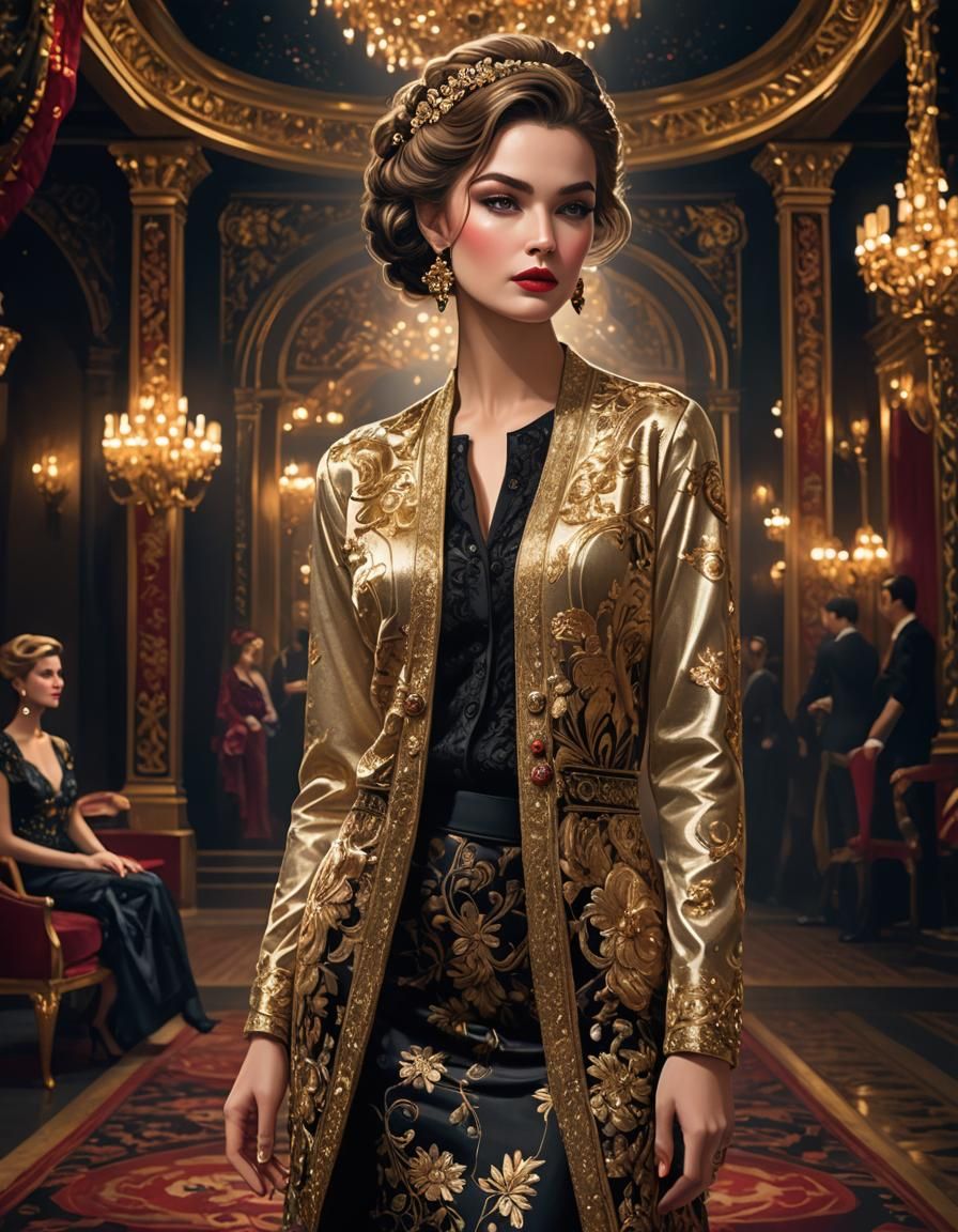 Supermodel in Brocade Cardigan: High Fashion Digital Art