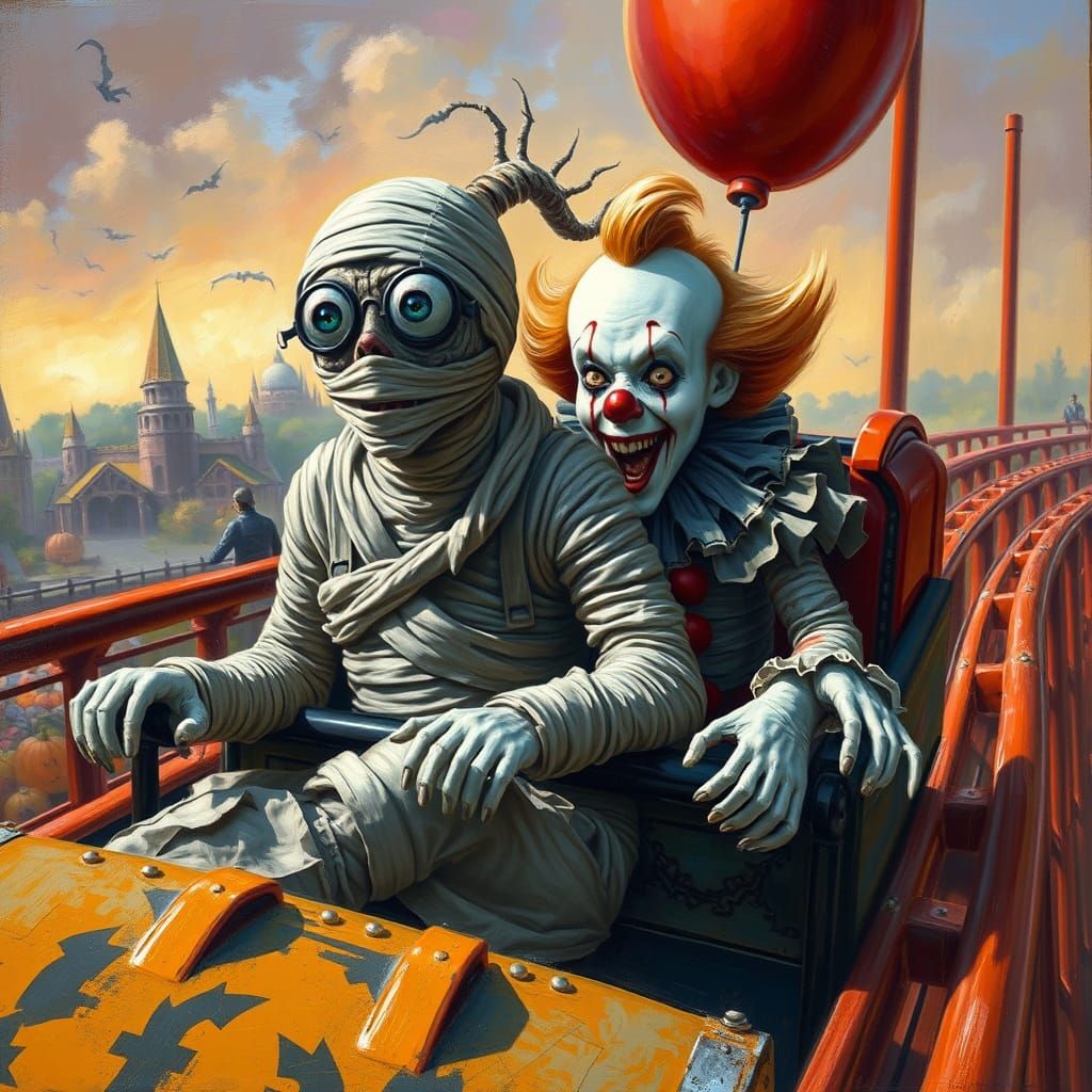 Mummy and Pennywise in Eerie Roller Coaster Scene