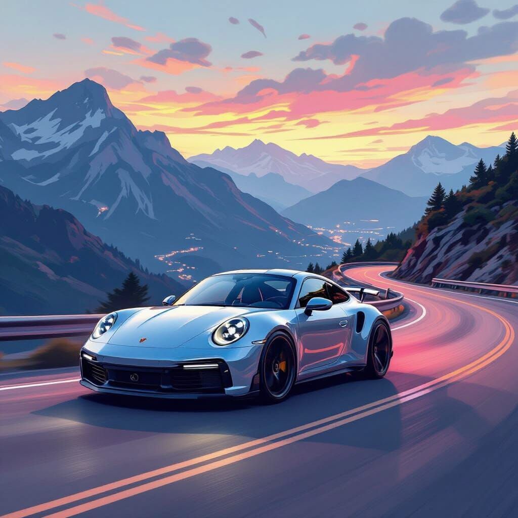 Porsche 911 on Mountain Road in Futuristic Style