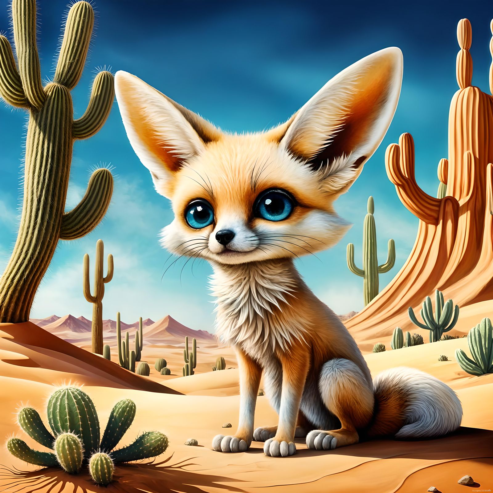 Chibi Fennec Fox in Surreal Desert Painting