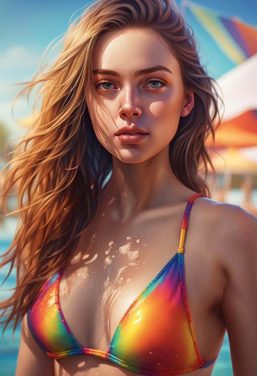 Hyperrealistic Girl in Swimsuit with Colorful Background