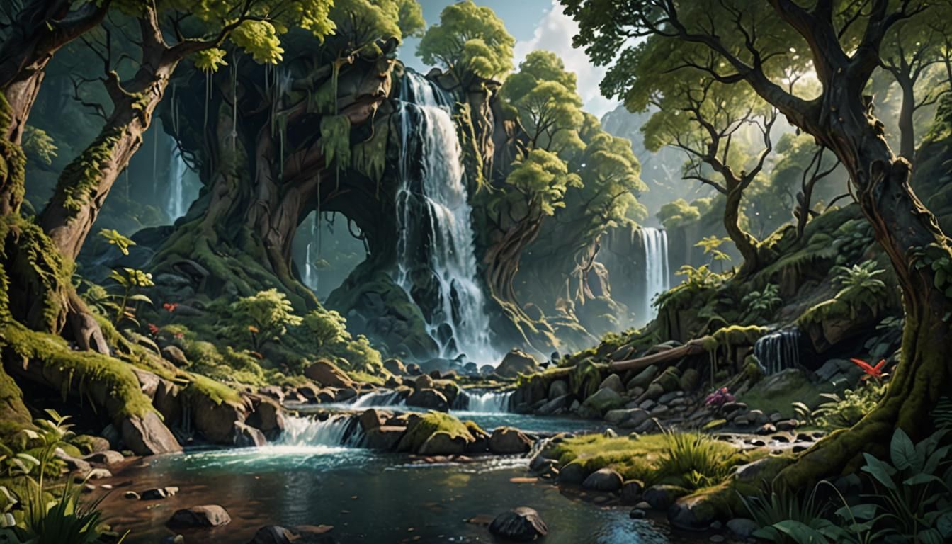 Lush Forest Creek and Waterfall in Detailed Matte Painting
