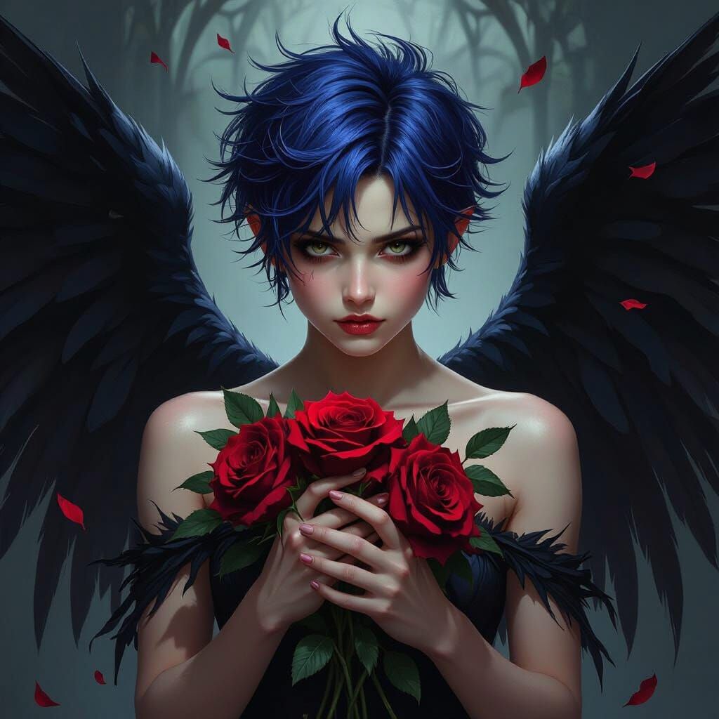 Fallen Angel with Roses in Dramatic Painterly Style