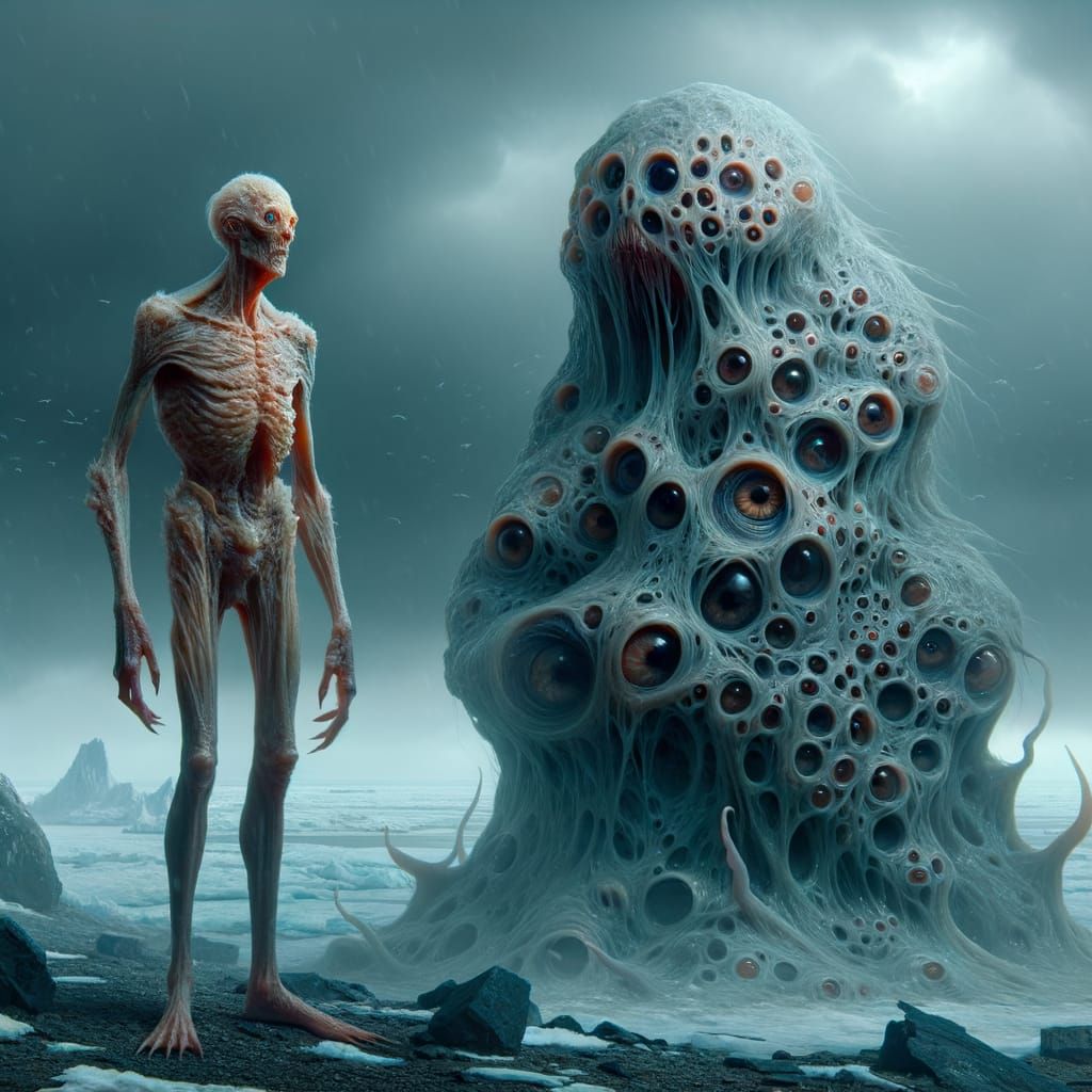 Eerie Antarctic Scene with Elder Creature and Shoggoth