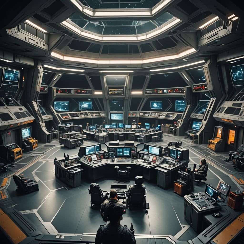Sci-fi, two levels, octagon command center, Epic, huge, Cinematic film still, shot on v-raptor XL, film grain, vignette,...