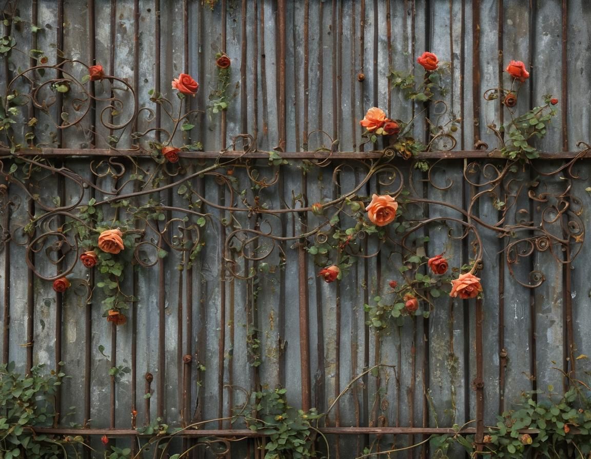 Ornate Rusty Fence with Climbing Rose