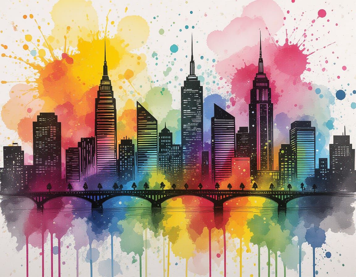 Vibrant Ink Splatter Cityscape: An Abstract Vision