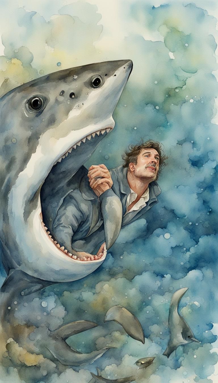 Man Whispering to Shark in Watercolor