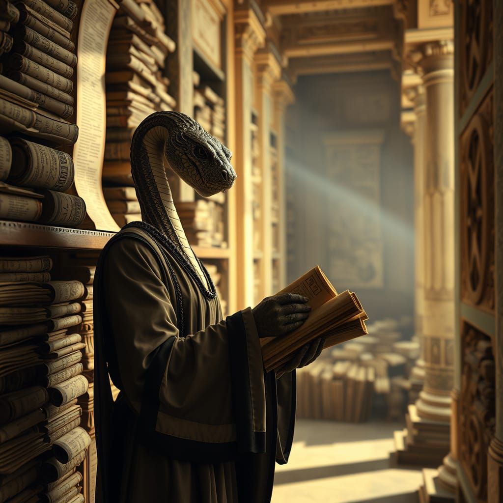 Library of Alexandria: Snake Librarian Sorting Scrolls