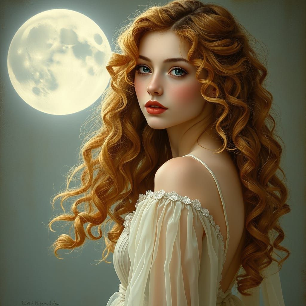 Luscious Strawberry Blonde Goddess in Moonlit Pre-Raphaelite...