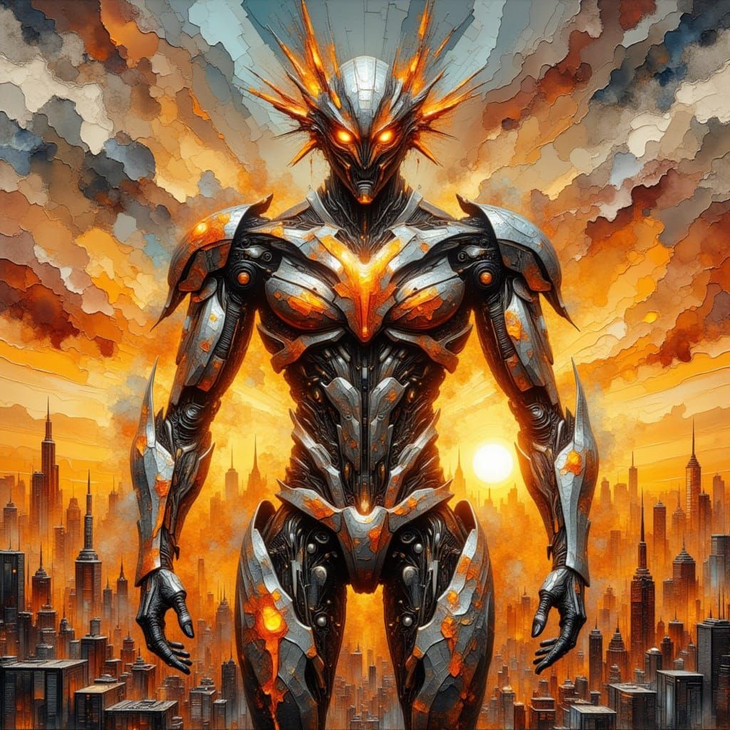 Futuristic Robot in Dystopian Cityscape, Retro-Futurism Styl...